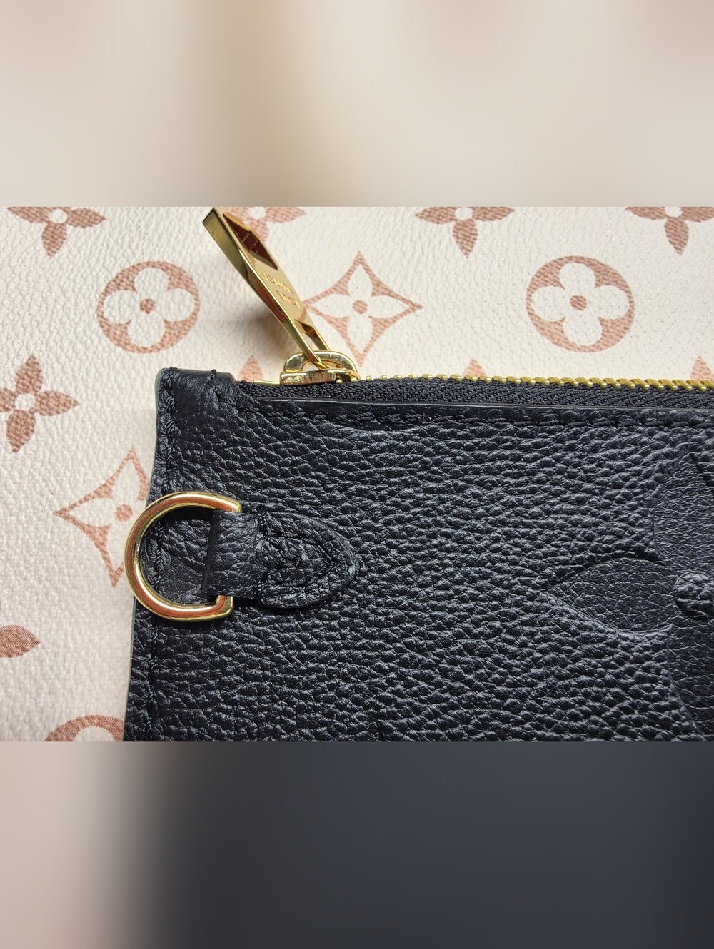 Louis Vuitton Neverfull Black Embossed Monogram Pouch with Gold Zipper - Picture 2 of 12
